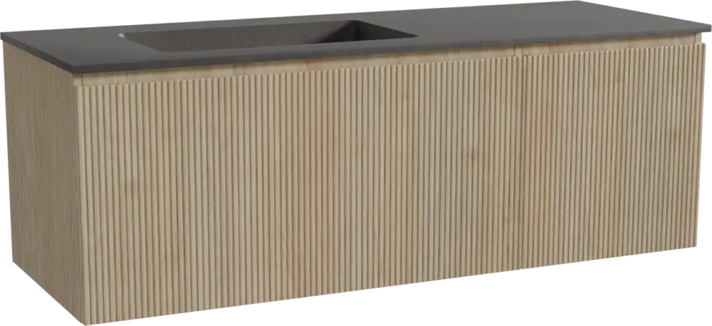 Schneller Versand Storke Ribs hängendes Möbelstück Set: 140 x 52 cm, Rohe Eiche, mit Scuro Waschtisch links, Quarz, Schwarz matt, Vertikale symmetrische gerade Rippe