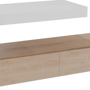 Ausverkauf Balmani Mitra Elements hängendes Möbelstück Set: 180 x 55 cm, Naturbelassene Eiche mit Dominus Einzel- oder Doppel Waschtischplatte 120 cm, Solid Surface Weiß matt