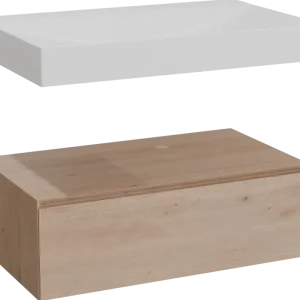 Abverkauf Balmani Mitra Elements hängendes Möbelstück Set: 90 x 55 cm, Naturbelassene Eiche mit Wave Einzelwaschtisch, Solid Surface Weiß matt