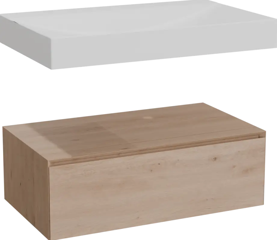 Abverkauf Balmani Mitra Elements hängendes Möbelstück Set: 90 x 55 cm, Naturbelassene Eiche mit Wave Einzelwaschtisch, Solid Surface Weiß matt