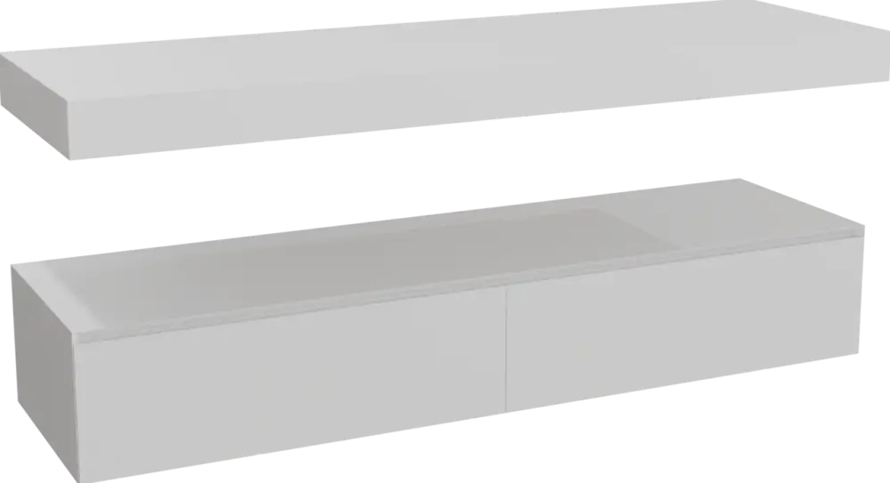 Aktuell Balmani Mitra Elements hängendes Möbelstück Set: 180 x 55 cm, Weiß matt mit Dominus Einzel- oder Doppel Waschtischplatte, Solid Surface Weiß matt