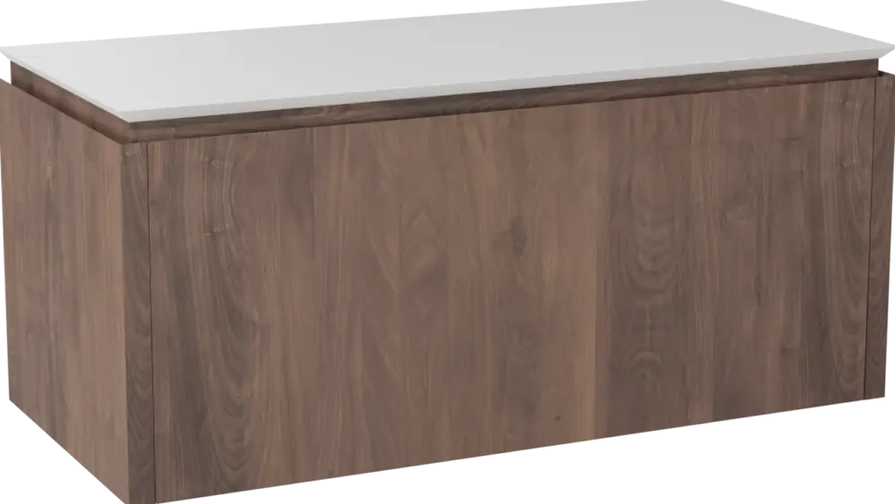 Angebot Balmani Eclips hängendes Möbelstück Set: 120 x 55 cm, Amerikanischer Nussbaum, mit Eclips Einzel- oder Doppel Waschtischplatte Solid Surface Weiβ matt