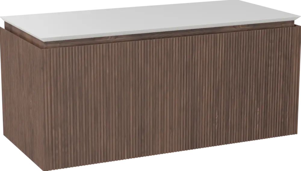 Balmani Eclips hängendes Möbelstück Set: 120 x 55 cm, Amerikanischer Nussbaum, mit Eclips Einzel- oder Doppel Waschtischplatte Solid Surface Weiβ matt, Vertikale symmetrische gerade Rippe Markenprodukt