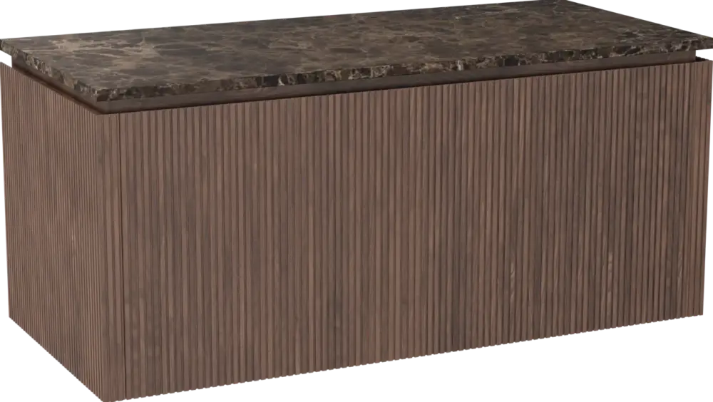 Balmani Eclips hängendes Möbelstück Set: 120 x 55 cm, Amerikanischer Nussbaum, mit Stretto Einzel- oder Doppel Waschtischplatte Marmor Dark Emperador, Vertikale symmetrische gerade Rippe Neu