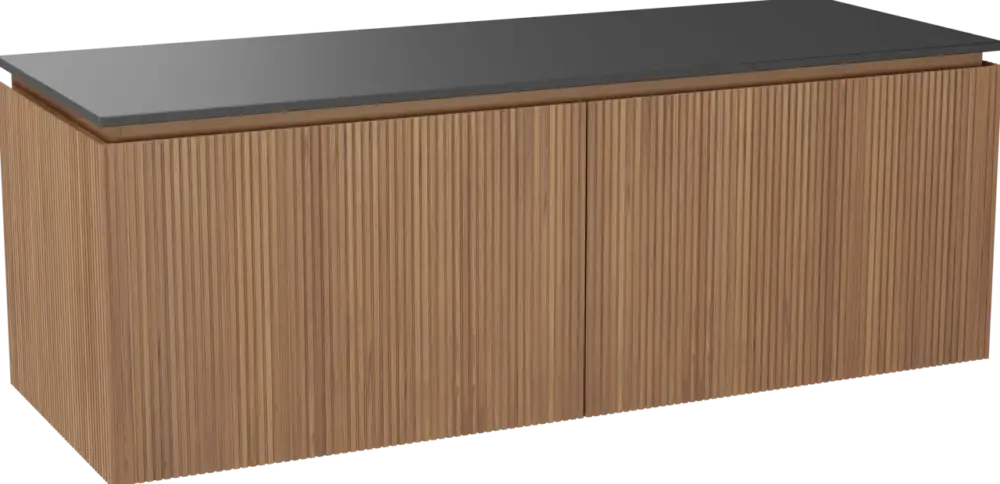 Letzte Chance Balmani Eclips hängendes Möbelstück Set: 150 x 55 cm, Teak, mit Stretto Einzel- oder Doppel Waschtischplatte Granit poliert, Vertikale symmetrische gerade Rippe