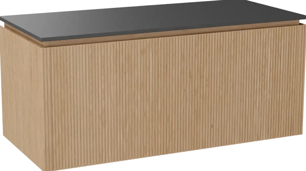 Balmani Eclips hängendes Möbelstück Set: 120 x 55 cm, Eiche Natur, mit Stretto Einzel Waschtischplatte Granit poliert, Vertikale symmetrische gerade Rippe Super-Preis