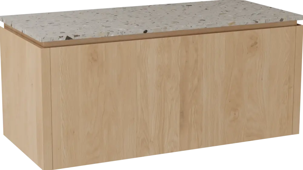 Balmani Eclips hängendes Möbelstück Set: 120 x 55 cm, Eiche Natur, mit Stretto Einzel- oder Doppel Waschtischplatte Greige Terrazzo Letzte Chance