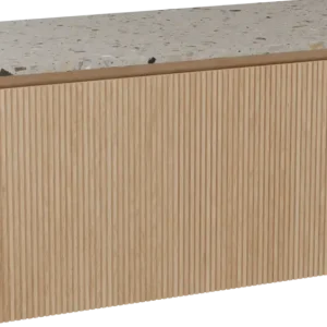Balmani Eclips hängendes Möbelstück Set: 120 x 55 cm, Eiche Natur, mit Stretto Einzel- oder Doppel Waschtischplatte Greige Terrazzo, Vertikale symmetrische gerade Rippe Knallerangebot