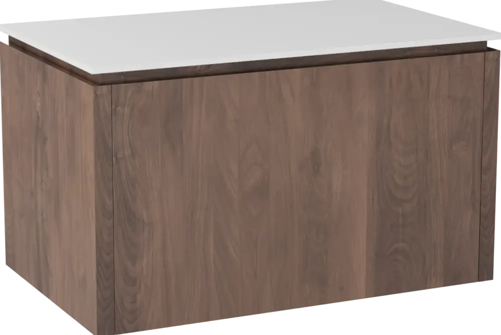 Begrenztes Angebot Balmani Eclips hängendes Möbelstück Set: 90 x 55 cm, Amerikanischer Nussbaum, mit Stretto Einzel Waschtischplatte Solid Surface Weiβ matt