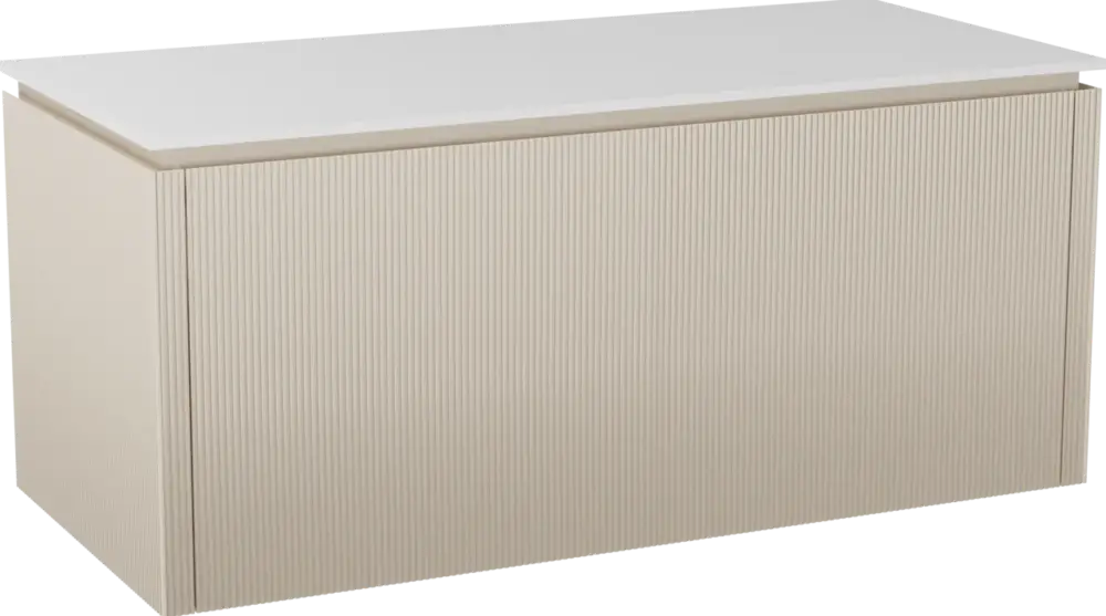 Balmani Eclips hängendes Möbelstück Set: 120 x 55 cm, Sandbeige, mit Stretto Einzel- oder Doppel Waschtischplatte Solid Surface Weiβ matt, Vertikale symmetrische gerade Rippe Nur Heute