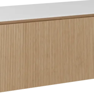 Balmani Eclips hängendes Möbelstück Set: 120 x 55 cm, Eiche Natur, mit Stretto Einzel- oder Doppel Waschtischplatte Solid Surface Weiβ matt, Vertikale symmetrische gerade Rippe Bestseller