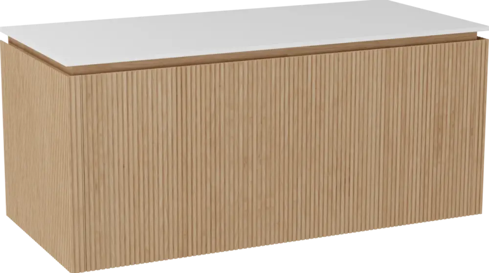 Balmani Eclips hängendes Möbelstück Set: 120 x 55 cm, Eiche Natur, mit Stretto Einzel- oder Doppel Waschtischplatte Solid Surface Weiβ matt, Vertikale symmetrische gerade Rippe Bestseller