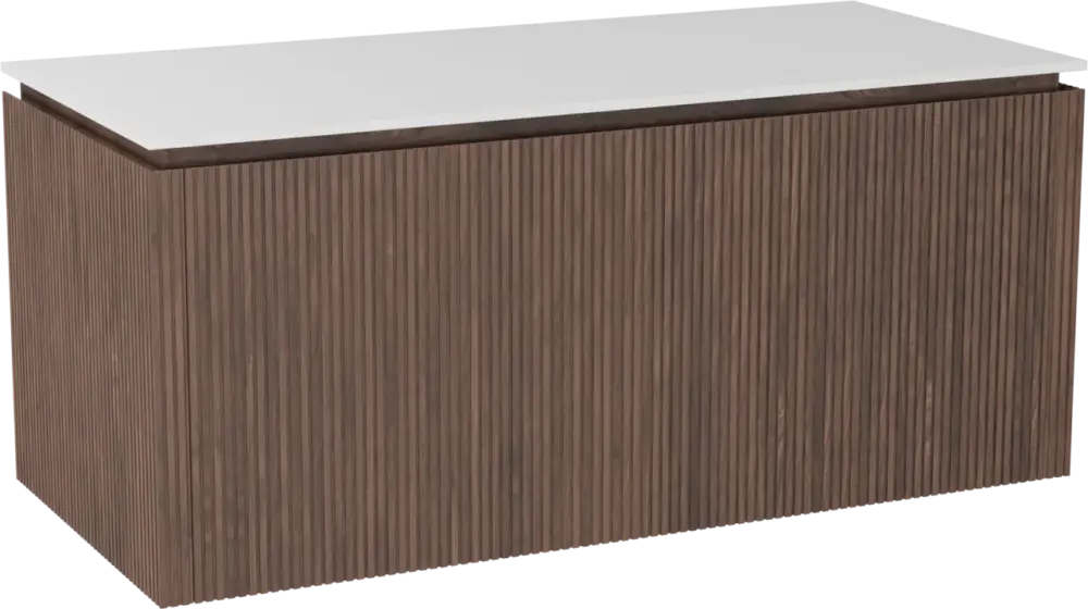 Balmani Eclips hängendes Möbelstück Set: 120 x 55 cm, Amerikanischer Nussbaum, mit Stretto Einzel- oder Doppel Waschtischplatte Solid Surface Weiβ matt, Vertikale symmetrische gerade Rippe Sofort Bestellen