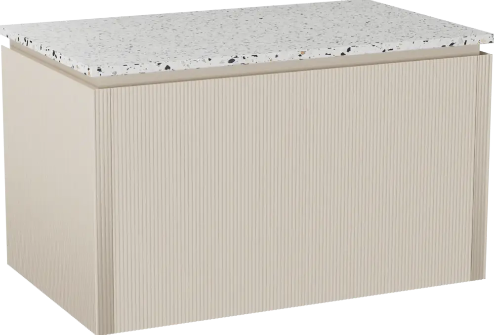 Online Kaufen Balmani Eclips hängendes Möbelstück Set: 90 x 55 cm, Sandbeige, mit Stretto Einzel Waschtischplatte Bianco Nero Terrazzo, Vertikale symmetrische gerade Rippe