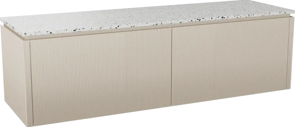 Balmani Eclips hängendes Möbelstück Set: 180 x 55 cm, Sandbeige, mit Stretto Einzel- oder Doppel Waschtischplatte Bianco Nero Terrazzo, Vertikale symmetrische gerade Rippe Super-Preis