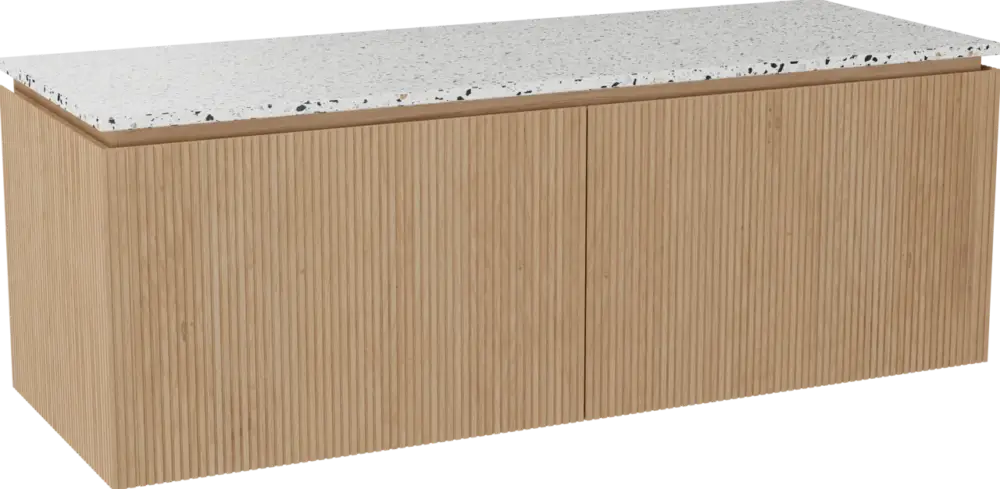 Balmani Eclips hängendes Möbelstück Set: 150 x 55 cm, Eiche Natur, mit Stretto Einzel- oder Doppel Waschtischplatte Bianco Nero Terrazzo, Vertikale symmetrische gerade Rippe Sofort Bestellen