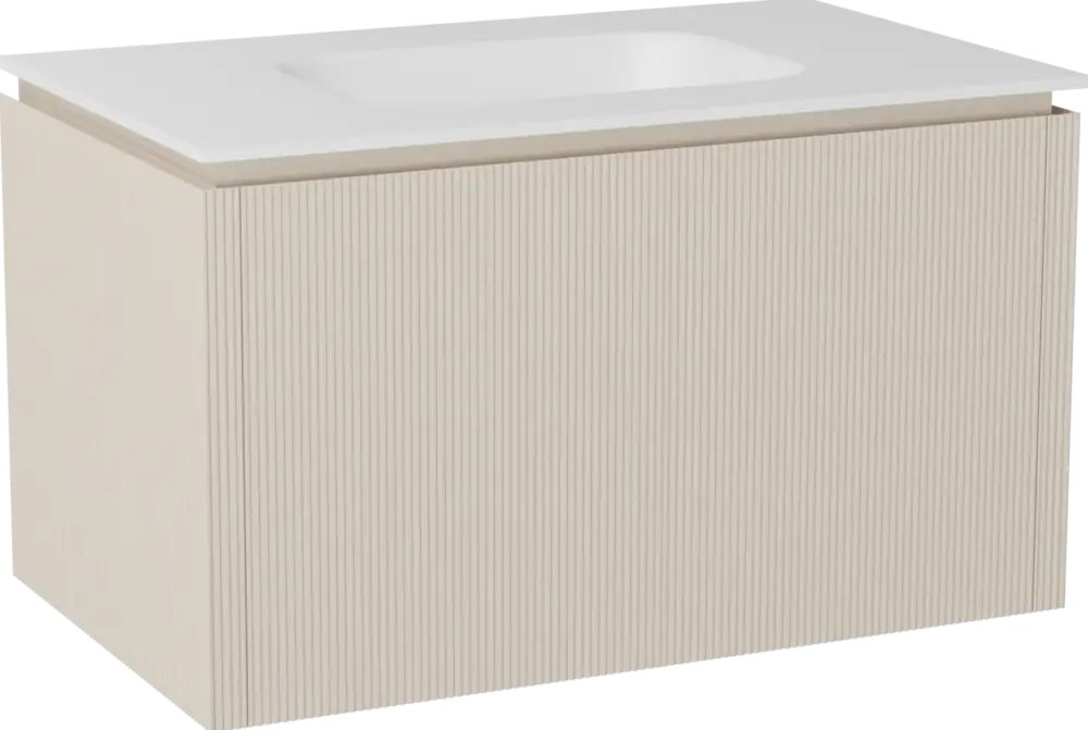 Garantierte Lieferung Balmani Eclips hängendes Möbelstück Set: 90 x 55 cm, Sandbeige, mit Tablo Arcato Einzelwaschtisch Solid Surface Weiβ matt, Vertikale symmetrische gerade Rippe