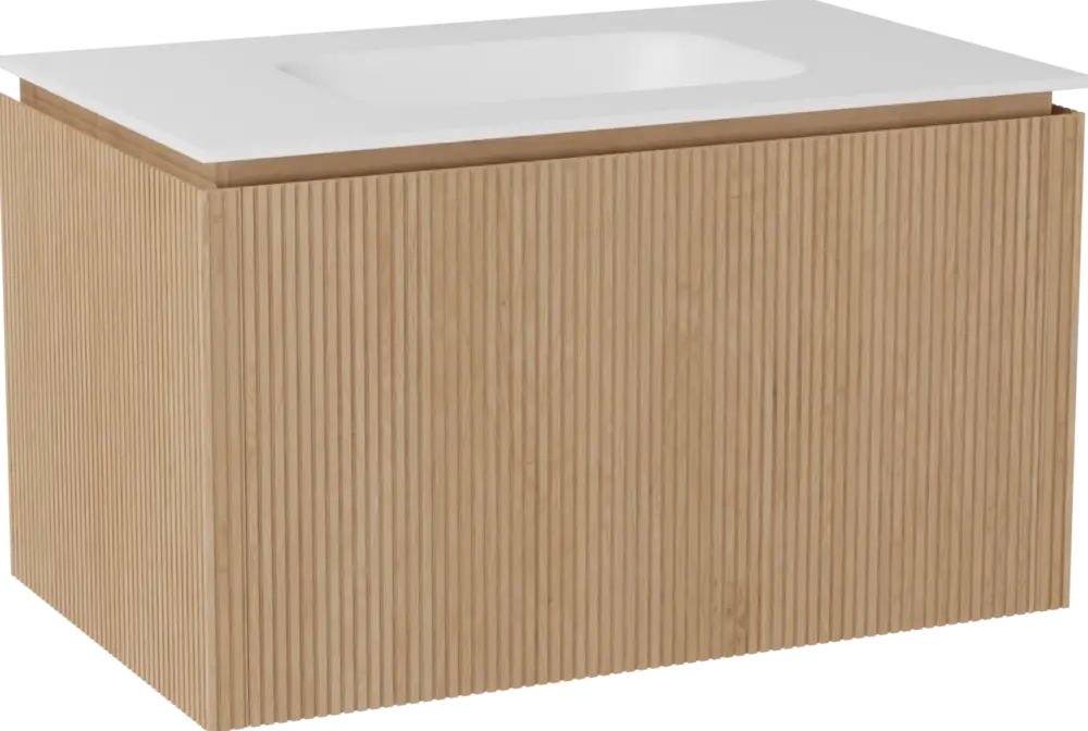 Balmani Eclips hängendes Möbelstück Set: 90 x 55 cm, Eiche Natur, mit Tablo Arcato Einzelwaschtisch Solid Surface Weiβ matt, Vertikale symmetrische gerade Rippe Online Kaufen