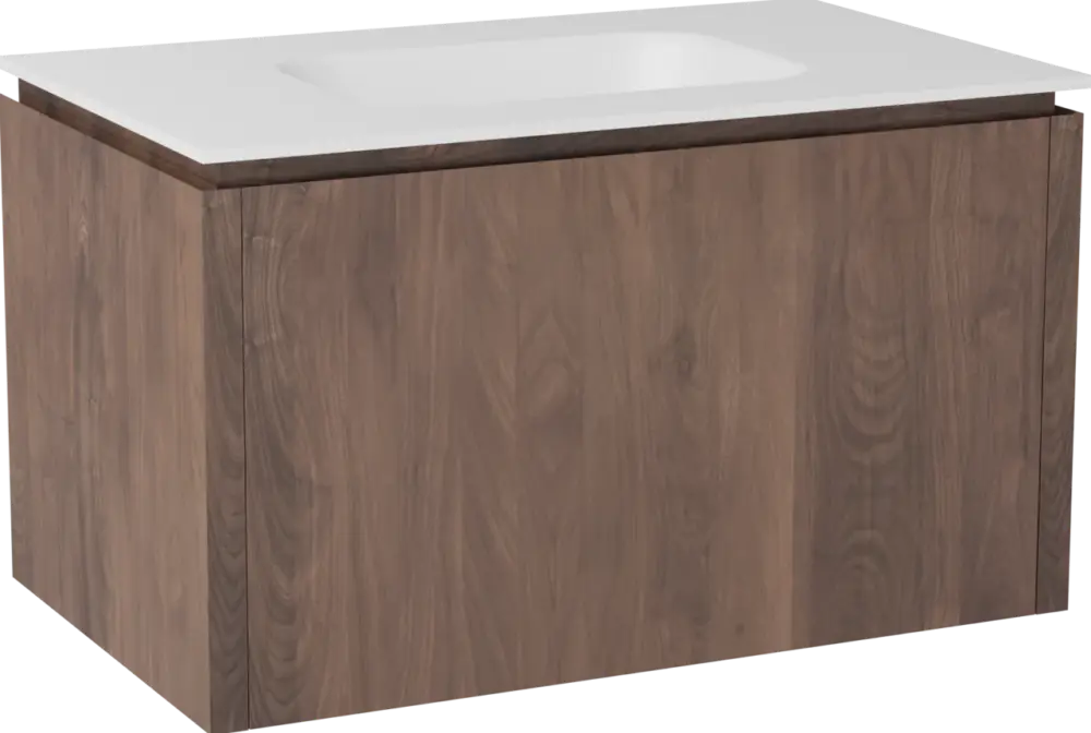Versand Am Gleichen Tag Balmani Eclips hängendes Möbelstück Set: 90 x 55 cm, Amerikanischer Nussbaum, mit Tablo Arcato Einzelwaschtisch Solid Surface Weiβ matt