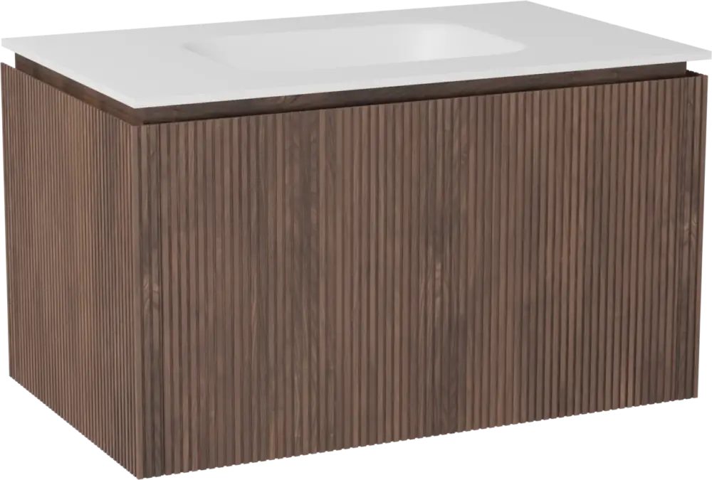 Heißes Angebot Balmani Eclips hängendes Möbelstück Set: 90 x 55 cm, Amerikanischer Nussbaum, mit Tablo Arcato Einzelwaschtisch Solid Surface Weiβ matt, Vertikale symmetrische gerade Rippe
