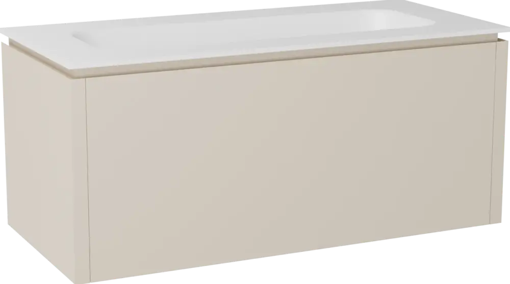 Super-Preis Balmani Eclips hängendes Möbelstück Set: 120 x 55 cm, Sandbeige, mit Tablo Arcato Einzelwaschtisch mit 2 Bohrungen Solid Surface Weiβ matt