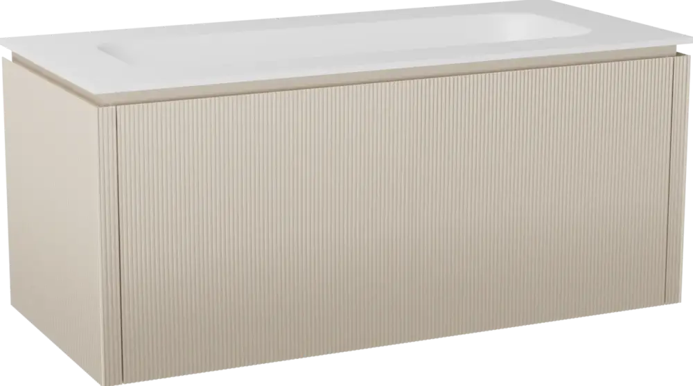 Neu Balmani Eclips hängendes Möbelstück Set: 120 x 55 cm, Sandbeige, mit Tablo Arcato Einzelwaschtisch mit 2 Bohrungen Solid Surface Weiβ matt, Vertikale symmetrische gerade Rippe
