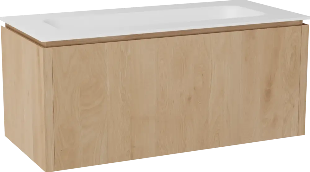 Balmani Eclips hängendes Möbelstück Set: 120 x 55 cm, Eiche Natur, mit Tablo Arcato Einzelwaschtisch mit 2 Bohrungen Solid Surface Weiβ matt Top-Seller