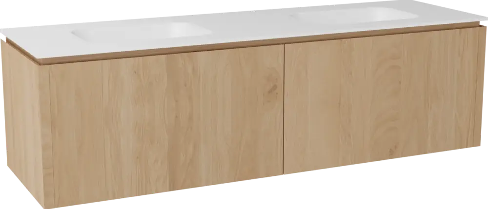 Schneller Versand Balmani Eclips hängendes Möbelstück Set: 180 x 55 cm, Eiche Natur, mit Tablo Arcato Doppelwaschtisch Solid Surface Weiβ matt