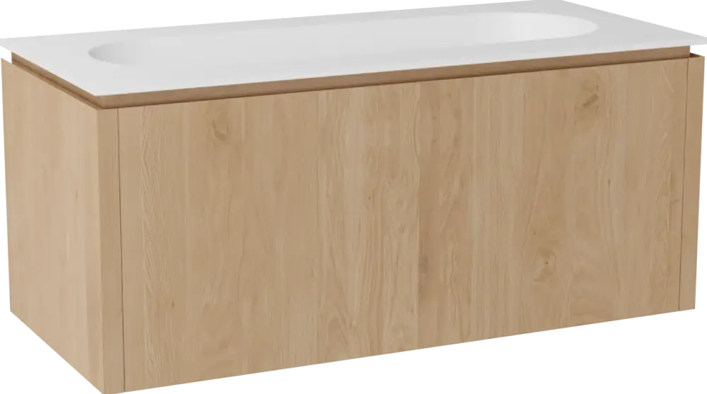 Balmani Eclips hängendes Möbelstück Set: 120 x 55 cm, Eiche Natur, mit Tablo Oval Einzelwaschtisch mit 2 Bohrungen Solid Surface Weiβ matt Kracherpreis