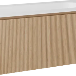 Balmani Eclips hängendes Möbelstück Set: 120 x 55 cm, Eiche Natur, mit Tablo Oval Einzelwaschtisch mit 2 Bohrungen Solid Surface Weiβ matt, Vertikale symmetrische gerade Rippe Preisknaller
