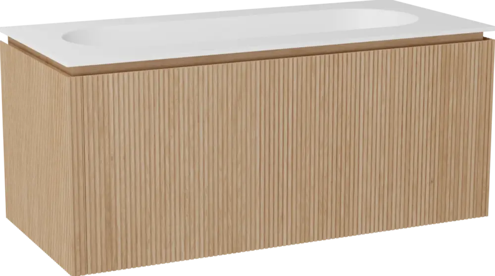 Balmani Eclips hängendes Möbelstück Set: 120 x 55 cm, Eiche Natur, mit Tablo Oval Einzelwaschtisch mit 2 Bohrungen Solid Surface Weiβ matt, Vertikale symmetrische gerade Rippe Preisknaller