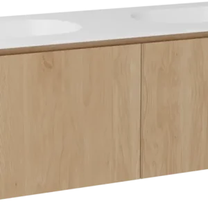 Ausverkauf Balmani Eclips hängendes Möbelstück Set: 150 x 55 cm, Eiche Natur, mit Tablo Oval Doppelwaschtisch Solid Surface Weiβ matt