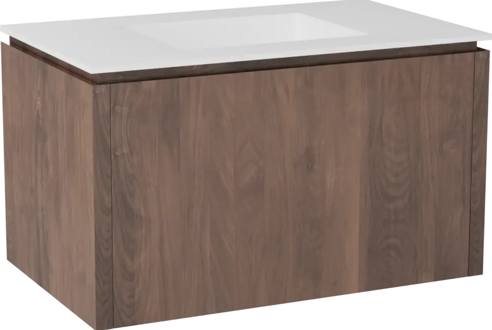 Balmani Eclips hängendes Möbelstück Set: 90 x 55 cm, Amerikanischer Nussbaum, mit Tablo Stretto Einzelwaschtisch Solid Surface Weiβ matt Must-Have