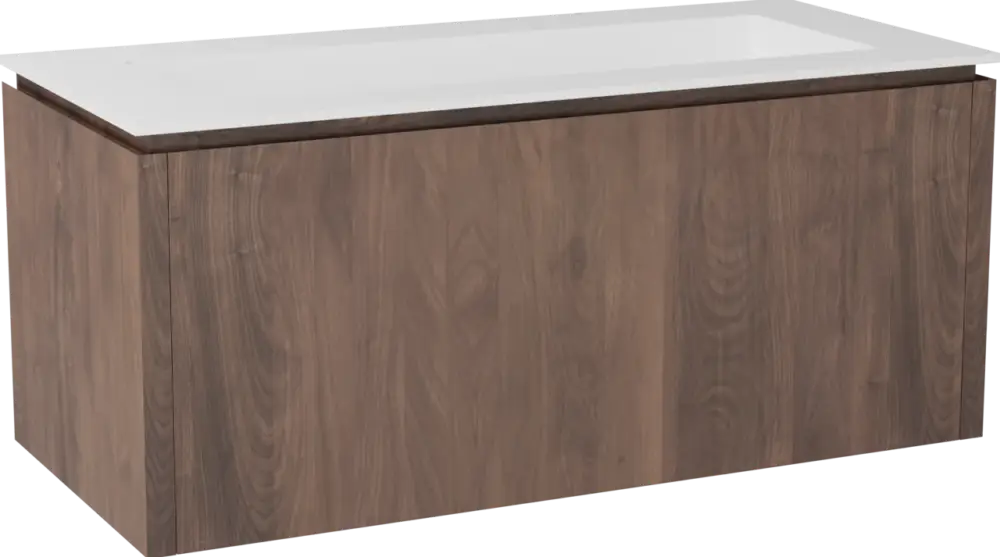 Ausverkauf Balmani Eclips hängendes Möbelstück Set: 120 x 55 cm, Amerikanischer Nussbaum, mit Tablo Stretto Einzelwaschtisch mit 2 Bohrungen Solid Surface Weiβ matt