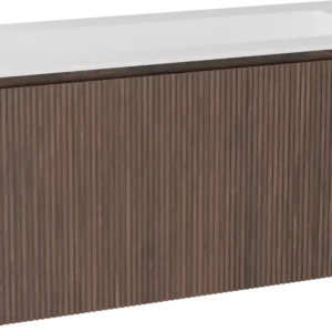 Balmani Eclips hängendes Möbelstück Set: 120 x 55 cm, Amerikanischer Nussbaum, mit Tablo Stretto Einzelwaschtisch mit 2 Bohrungen Solid Surface Weiβ matt, Vertikale symmetrische gerade Rippe Markenprodukt