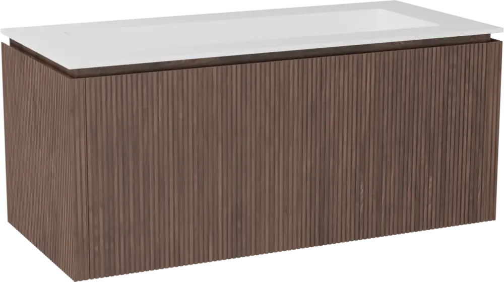 Balmani Eclips hängendes Möbelstück Set: 120 x 55 cm, Amerikanischer Nussbaum, mit Tablo Stretto Einzelwaschtisch mit 2 Bohrungen Solid Surface Weiβ matt, Vertikale symmetrische gerade Rippe Markenprodukt
