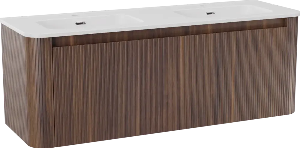 Abverkauf Storke Soft hängendes Möbelstück Set: 140 x 46 cm, Nussbaum, mit Kera Soft Doppelwaschtischplatte Keramik Weiβ matt, Vertikale symmetrische gerade Rippe