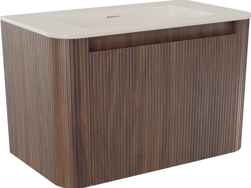 Zertifiziert Storke Soft hängendes Möbelstück Set: 80 x 46 cm, Nussbaum, mit Mata Soft Einzelwaschtisch Solid Surface Beige Granit, Vertikale symmetrische gerade Rippe