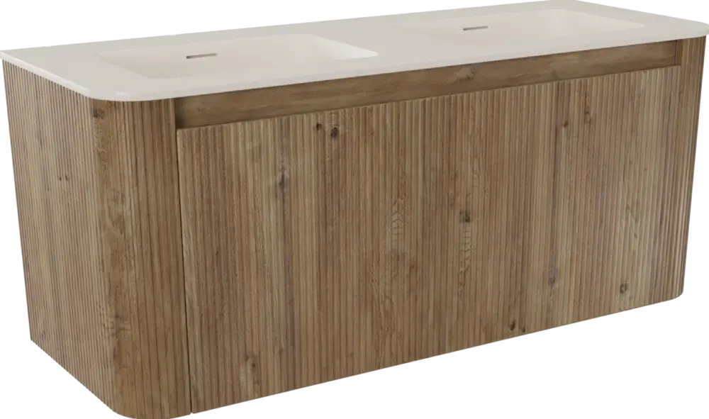 Wochenendangebot Storke Soft hängendes Möbelstück Set: 120 x 46 cm, Eiche rau, mit Mata Soft Doppelwaschtischplatte Solid Surface Beige Granit, Vertikale symmetrische gerade Rippe