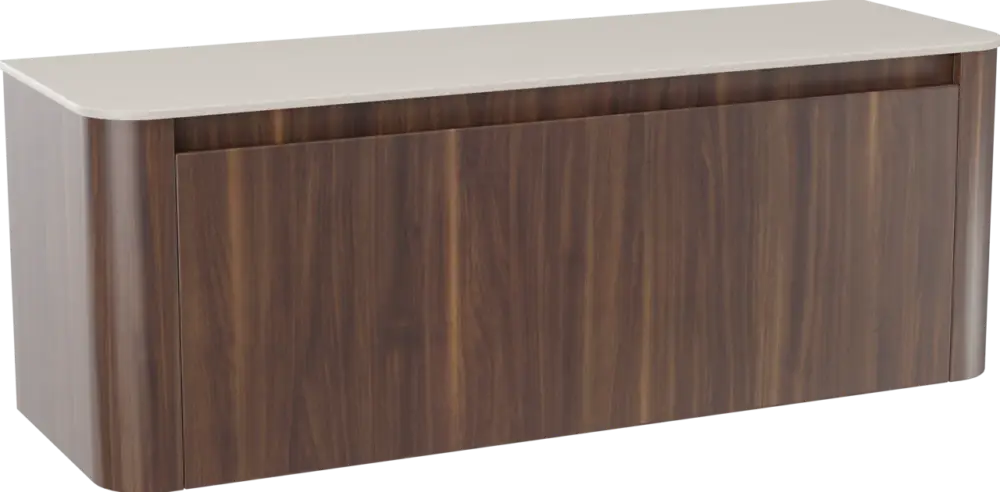 Storke Soft hängendes Möbelstück Set: 140 x 46 cm, Nussbaum, mit Tavola Soft Einzel- oder Doppel Waschtischplatte Solid Surface Beige Granit Kracherpreis