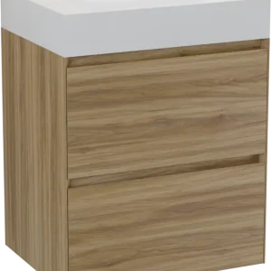 Ausverkauf Balmani Mitra Compact hängendes Möbelstück Set: 60 x 46 cm, Wildeiche, mit Argila Waschtisch rechts Marmorkomposit Weiβ glänzend