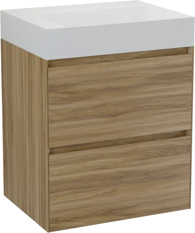 Zertifiziert Balmani Mitra Compact hängendes Möbelstück Set: 60 x 46 cm, Wildeiche, mit Argila Waschtisch rechts Marmorkomposit Weiβ matt