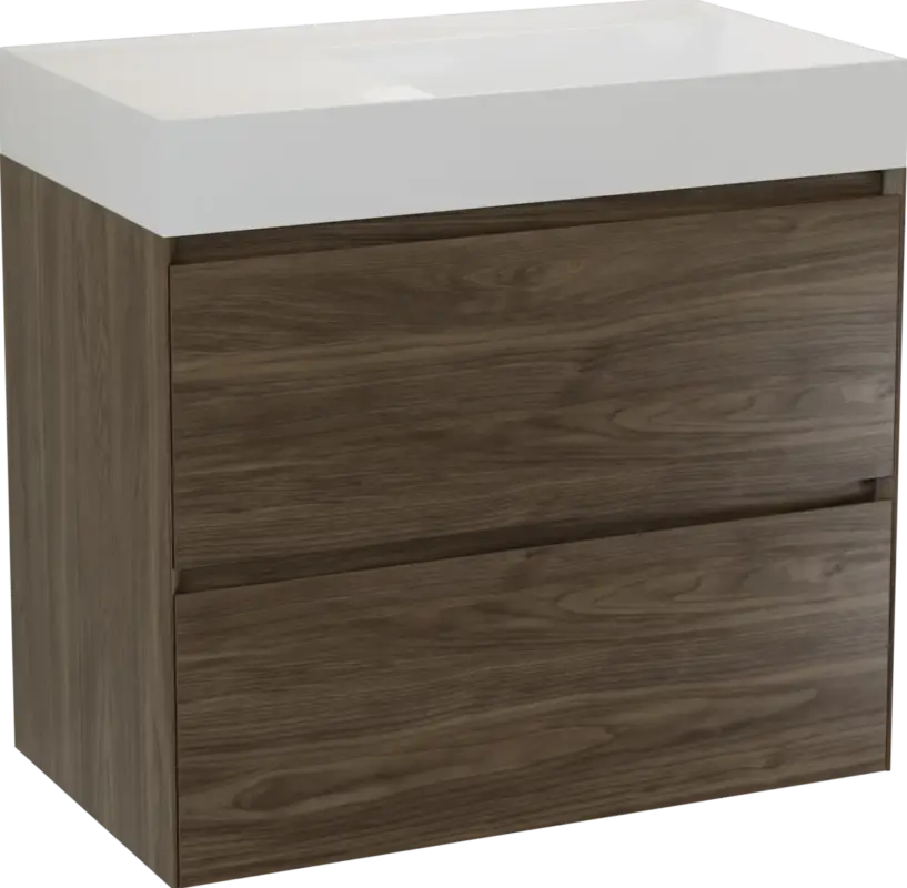 Balmani Mitra Compact hängendes Möbelstück Set: 80 x 46 cm, Amerikanischer Nussbaum, mit Argila Waschtisch rechts Marmorkomposit Weiβ glänzend Finale Aktion