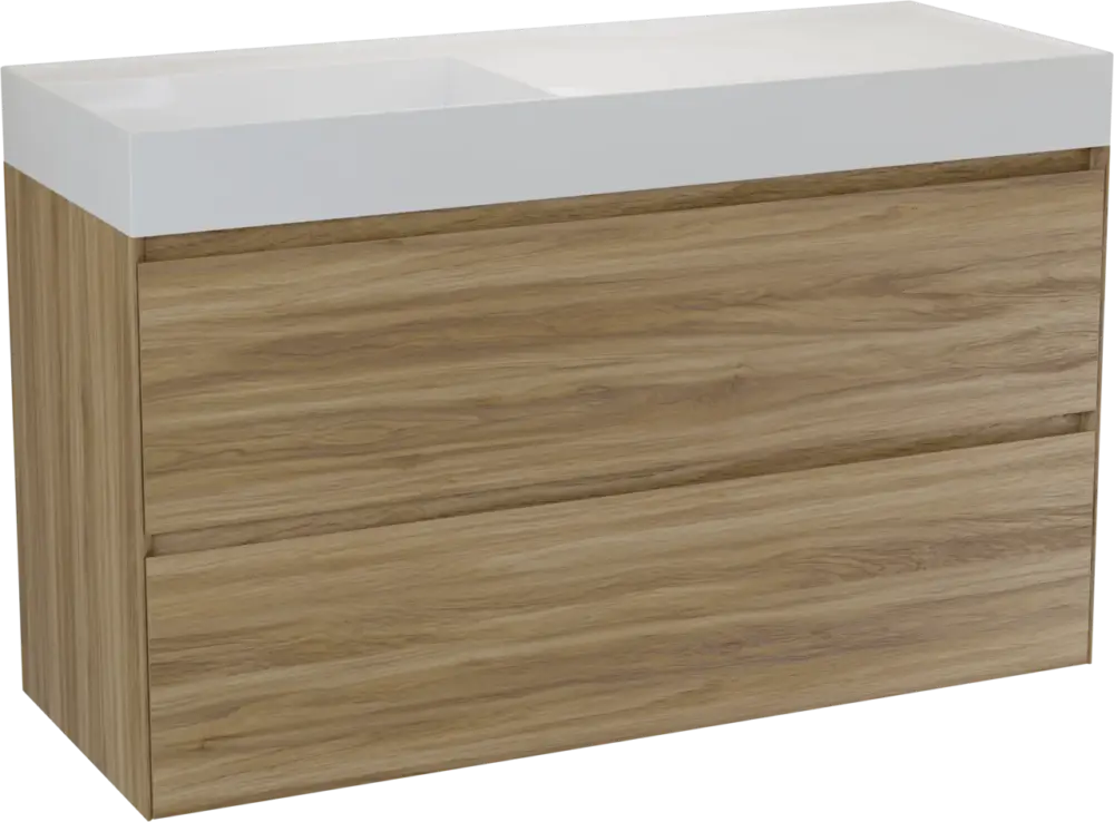 Zertifiziert Balmani Mitra Compact hängendes Möbelstück Set: 120 x 46 cm, Wildeiche, mit Argila Waschtisch links Marmorkomposit Weiβ glänzend
