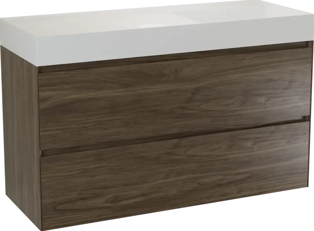 Balmani Mitra Compact hängendes Möbelstück Set: 120 x 46 cm, Amerikanischer Nussbaum, mit Argila Waschtisch rechts Marmorkomposit Weiβ glänzend Meistverkauft