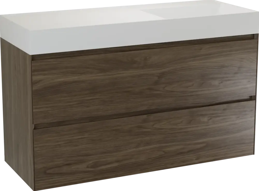 Aktuell Balmani Mitra Compact hängendes Möbelstück Set: 120 x 46 cm, Amerikanischer Nussbaum, mit Argila Waschtisch rechts Marmorkomposit Weiβ matt