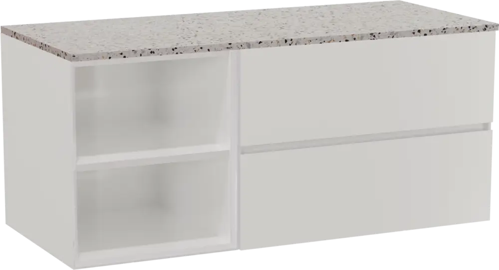 Top-Seller Storke Edge hängendes Möbelstück Set: 120 x 52 cm, Weiß glänzend, mit Tavola Einzel- oder Doppel Waschtischplatte, Terrazzo in Weiß/Schwarz matt