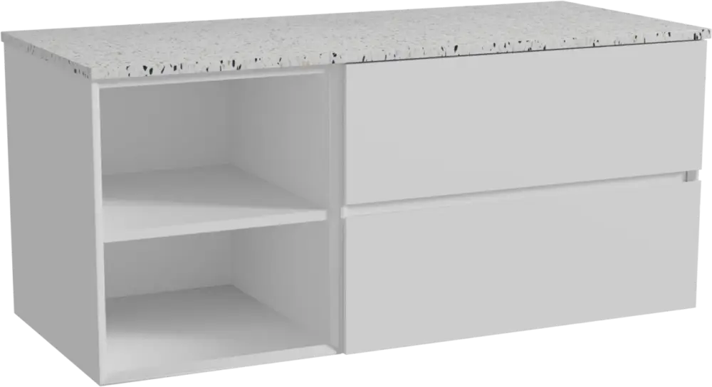 Zertifiziert Storke Edge hängendes Möbelstück Set: 120 x 52 cm, Weiß matt, mit Tavola Einzel- oder Doppel Waschtischplatte, Terrazzo in Weiß/Schwarz matt