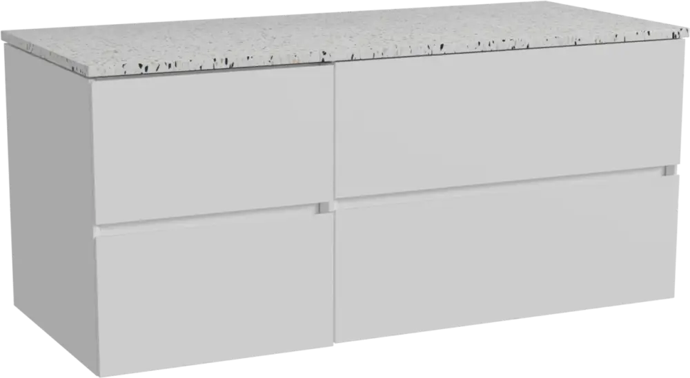 Bestseller Storke Edge hängendes Möbelstück Set: 120 x 52 cm, Weiß matt, mit Tavola Einzel- oder Doppel Waschtischplatte, Terrazzo in Weiß/Schwarz matt
