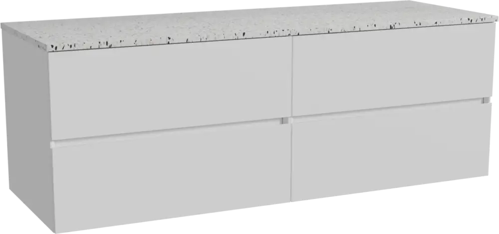 Abverkauf Storke Edge hängendes Möbelstück Set: 150 x 52 cm, Weiß matt, mit Tavola Einzel- oder Doppel Waschtischplatte, Terrazzo in Weiß/Schwarz matt